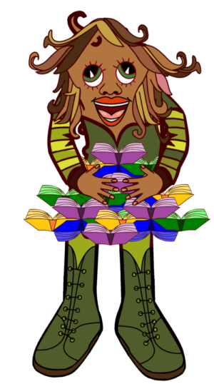 Fethi est une éducatrice spécialisée cornichonne très investie. Elle porte une robe brodée de livres de la collection du Classe-croûte