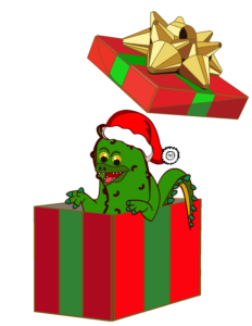 Un crocodile sort d'un paquet cadeau